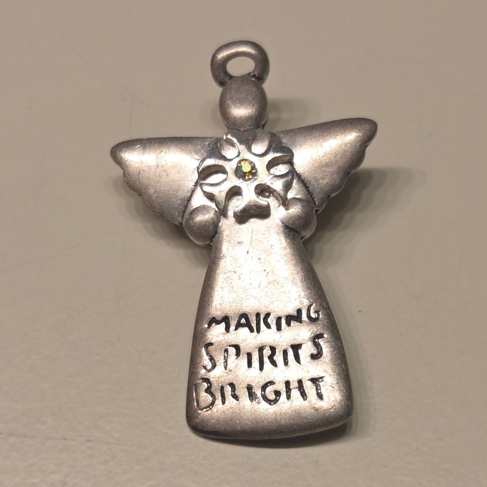 Vintage Silver Tone Angel "Making Spirits Bright" Snowflake Christmas Brooch Pin
